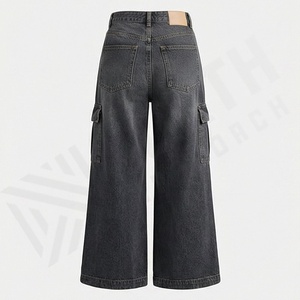 Pantalon large en coton respirant pour femmes, style streetwear, taille haute, multi-poches, denim délavé, jambe large, taille élastique - Product Image 2