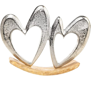 Escultura Moderna de Metal Plateado con Doble Corazón sobre Base de Madera de Mango, Decoración de Mesa para Sala de Estar, Dormitorio, Escultura Hecha a Mano - Product Image 3