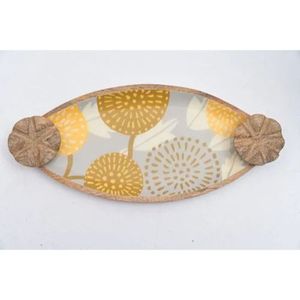Plateau ovale en bois avec motif floral jaune imprimé en émail, poignées latérales, écologique, plateau de service décoratif pour mariage, Diwali - Product Image 1