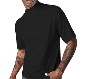 Nueva ropa de calle, camiseta negra de gran tamaño con hombros caídos, camisetas transpirables de cuello simulado de doble capa Vintage Boxy para hombre - Product Image 1