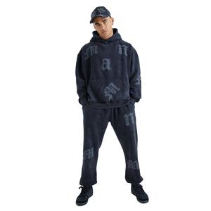 Survêtement à capuche oversize pour homme, effet délavé à l'acide, appliqué, lourd, épais, sans cordon, en coton, grammage élevé, pull à capuche vintage, poids lourd - Product Image 1