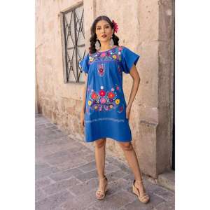 Robe longue blanche brodée florale pour femme, style ethnique mexicain bohème, tunique à manches courtes, décontractée d'été, en coton, taille naturelle, lavable - Product Image 2