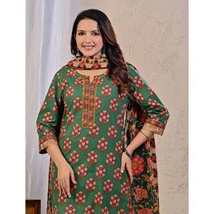 Green Butta <b>Block</b> <b>Printed</b> Cotton Kurta Pant Set with Mulmul Dupatta Pakistani Style Ethnic Net for Party Wear - Product Image 1