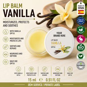 Bálsamo Labial de Vainilla de Marca Privada SPF10 15ml OEM |   Cuidado Labial Hidratante con Manteca de Karité y Vitamina E |   España UE - Product Image 1