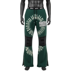 Pantalon évasé en molleton de coton et polyester de qualité supérieure, vert tie-dye, panneau en maille au niveau du genou, impression d'écran, logo personnalisé, pantalon évasé pour homme - Product Image 1
