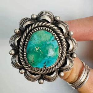 Anillo de Plata de Ley con Turquesa Verde Ovalada de Diseño Bohemio Vintage, Joyería Fina del Suroeste para Mujer, Engaste de Bisel, para Bodas y Fiestas - Product Image 1