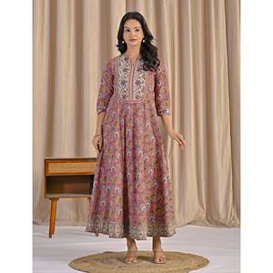 Peach Grey Jaal Hand <b>Block</b> <b>Printed</b> Anarkali Dress Soft Indian Pakistani Salwar Kameez - Product Image 3