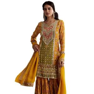 Costume Kurta Sharara imprimé patola jaune moutarde avec organza Dupatta pour fête, mariage, réception festive - Product Image 3