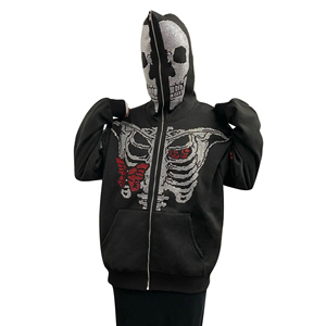 Venta al por mayor de alta calidad de cara completa Zip Hoodie Custom Zip up Negro Algodón Mezclado Cremallera Hoodie Rhinestone Full Face Zip up Hoodies - Product Image 4