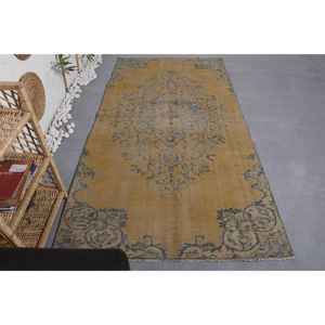 Alfombra turca de área grande Vintage, estilo rectangular clásico, respetuoso con el medio ambiente, patrón de retazos de pila media, comedor de látex de lana amarilla y azul - Product Image 1