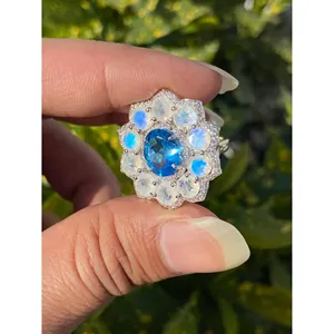 925 Silver Blue Topaz & <b>Moonstone</b> Cocktail <b>Ring</b> Rhodium Plated Marquise Geometric Design Elegant Gemstone Jewelry for Parties - Product Image 5