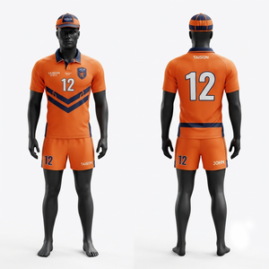 Uniforme de rugby en polyester interlock de haute qualité 260 GSM, orange et bleu marine avec panneaux latéraux, impression personnalisée pour équipe - Product Image 1