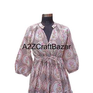 Robe mi-longue florale 100 % coton pur faite à la main, écologique, respirante, nettoyage à sec, coupe confortable, taille naturelle, col en V - Product Image 3