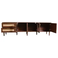 Meuble TV moderne en bois avec portes en rotin, centre de divertissement de style mid-century, console de rangement pour salon, meubles sur mesure