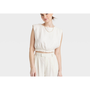 Nuova Canotta Slim Fit da Donna New Day, Colore Crema, Taglia S, in Tessuto Traspirante Lavorato a Maglia, con Colletto a Fiocco, Fantasia a Righe Casual, Personalizzabile, Corta - Product Image 2