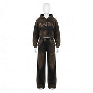 Custom Women Acid Wash Dark Brown Cropped Hoodie <b>Wide</b> <b>Leg</b> <b>Jogger</b> Set Cotton Fleece Streetwear Tracksuit OEM Wholesale - Product Image 3