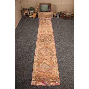 Turkish Wool Rug Eco-Friendly Traditional Design 2.5x12.8 ft Small Rug Orange <b>Brown</b> Herki Patchwork Latex Backing - Product Image 1