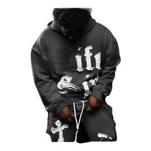 ชุดเซ็ตเสื้อฮู้ดดี้พิมพ์ลายพัฟฟ์สไตล์สตรีทแวร์ ลวดลายโลโก้แบบกำหนดเอง ล้างสีแบบ Acid Wash พร้อมกางเกงวอร์มทรงขาบานแบบซ้อนชั้น ชุดแทรคสูทแบบมีซิป - Product Image 6