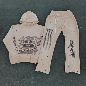 Ensemble de sweat-shirt à capuche et pantalon de survêtement personnalisé de haute qualité, vintage en détresse, sérigraphie délavée et délavée pour hommes - Product Image 1