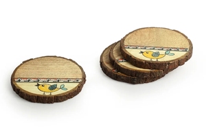 Posavasos decorativos de gorriones amarillos en madera de mango Juego de 4 posavasos de madera pintados a mano para bebidas Posavasos absorbentes para bebidas - Product Image 3