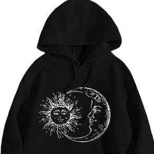 เสื้อสวมหัวแขนยาวโอเวอร์ไซส์ใส่ได้ทั้งชายและหญิงเสื้อมีฮู้ดกราฟิกดวงอาทิตย์ดวงจันทร์กระเป๋าฤดูหนาวผ้าฝ้ายโพลีเอสเตอร์ปักที่นูรัค - Product Image 1
