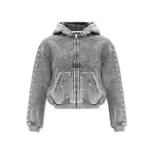 Premium Mujeres Acid Wash Rhinestone Sudadera con capucha Transpirable Mezcla de algodón Moda Pullover Sparkly Streetwear - Product Image 2