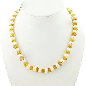 Collar de Cuentas de Ámbar Amarillo y Perla con Piedra de Cuarzo, Cadenas de Latón Clásicas y Modernas para Regalo de Boda o Fiesta - Product Image 1
