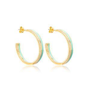 Pendientes de aro de piedra CZ transparente esmaltado de Color azul claro, joyería de plata esterlina 925 hecha a mano turca - Product Image 1