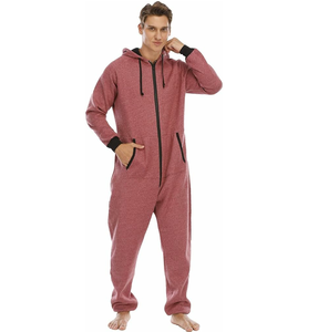 Pyjama une pièce respirant en polaire brodé pour homme, couleur rouge, combinaison à capuche, vêtements de nuit d'intérieur - Product Image 4