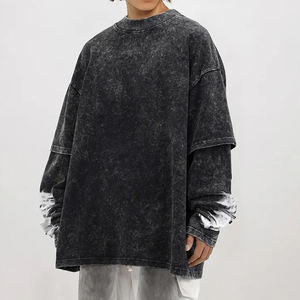 T-shirt Streetwear à Logo Personnalisé, Lavage à l'Acide, Poids Lourd, Pour Hommes, Best-Seller, Hip Hop, Surdimensionné, Manches Doubles, Lavage à l'Acide - Product Image 1