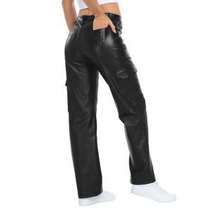 Fabricant de vêtements d'hiver pour femmes Pantalon baggy cargo en cuir PU Pantalon plat avec fermeture éclair et braguette Streetwear Pantalon en cuir à la mode - Product Image 4