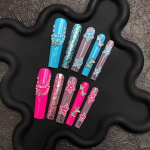 Luxury Long Coffin <b>Nails</b> Chic Aura Pink Square Pattern Press-on <b>Set</b> ABS Plastic with Glue for Fingers Custom Model Style - Product Image 2