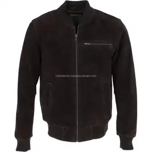 Brown Suede Bomber Style Genuine Leather Jacket for Men Front Zip Pocket Habitat Enterprises