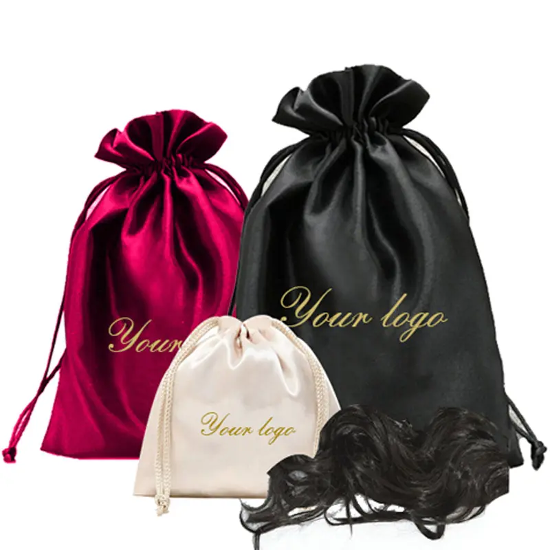 Pochette de rangement debout pour perruque LOGO personnalisée sac d'emballage de paquet de cheveux de bijoux cordon de soie de satin pour pochette à poussière