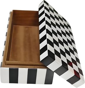 Boîte à bijoux rectangulaire en MDF, artisanale, moderne, durable, noire et blanche, avec incrustations en os, gaufrée, pour Noël, pour le rangement et l'organisation - Product Image 1