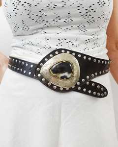 Cinturón vaquero ancho de piel de vaca para mujer con hebilla plateada vintage con tachuelas - Product Image 1