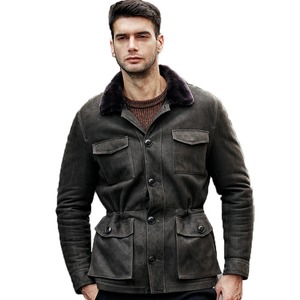 Veste en peau de mouton en cuir véritable pour homme Tissu Canvas Longueur régulière Style High Street Hiver Gris Vert - Product Image 6