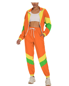 Ensemble 2 pièces unisexe 96% polyester + 4% élasthanne pour femme Color Block Veste coupe-vent à manches longues Survêtement Style années 80 Bouton - Product Image 6