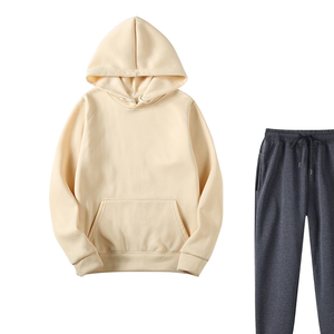 Conjunto Deportivo Informal de Invierno para Hombre y Mujer, Sudadera con Capucha Color Crema y Pantalones Deportivos Gris Oscuro, Venta al Por Mayor de Fábrica, Logotipo Personalizado OEM - Product Image 3