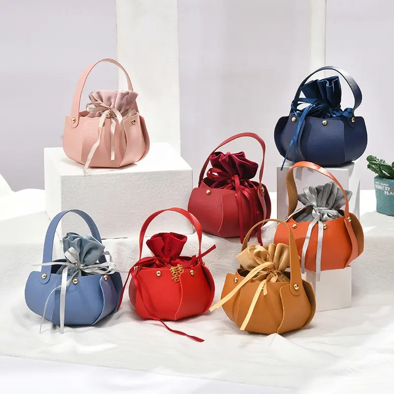 Luxury Ins Style Multi Color Baby Shower Birthday Wedding Favour Leather Drawstring Velvet Candy Packaging Box Bag with Bowknot