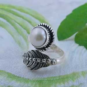925 Sterling <b>Silver</b> <b>Adjustable</b> Leaf <b>Ring</b> Handmade Freshwater Pearl Unique June Birthstone Nature Inspired Jewelry Pearl <b>Ring</b> - Product Image 2