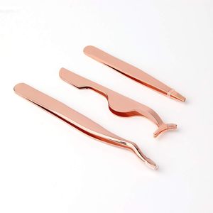 Ensemble de pinces à cils en or rose, outils métalliques de précision pour l'application de faux cils, pointe lisse, personnalisation OEM - Product Image 1