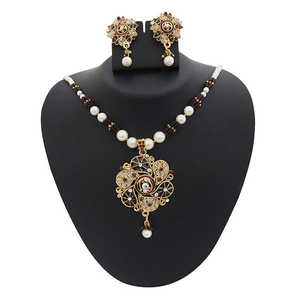 Kriaa <b>Fine</b> <b>Jewelry</b> <b>Set</b> 1200105 Brown Meenakari with Austrian Stone and Pearl Pendant - Product Image 1