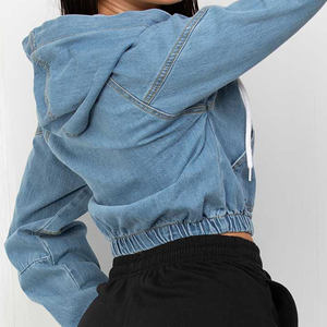 Best Selling Premium Custom Logo Blue Cropped Denim Jacket With Hood & Zip Fastening Designed For Women For All Seasons Comfort - Product Image 6