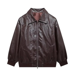 แจ็กเก็ตหนังแขนยาวคอปกสไตล์มอเตอร์ไซต์สำหรับผู้หญิงฤดูใบไม้ร่วงแบบใหม่มีซิปตกแต่งเลียนแบบด้วยวัสดุยัดไส้ทำจากผ้าฝ้าย - Product Image 5