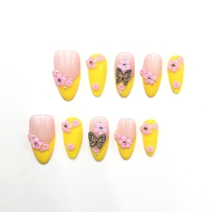 Di lusso unghie corte bara di lusso stile giallo elegante Aura fatta a mano lungo quadrato Press-On Set riutilizzabile e Halal certificato - Product Image 1