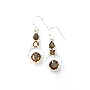 Boucles d'oreilles pendantes vintage en quartz fumé de 2,8 grammes, plaquées or 18 carats avec diamant en or blanc et perle, pour mariages - Product Image 1