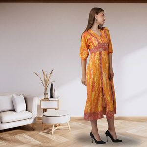 Robe midi tendance de luxe à imprimé orange moutarde avec col en V, manches trois quarts, élégante, décontractée, de créateur, vente en gros - Product Image 2