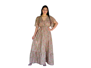 Vestido Boho de Talla Única para Verano y Otoño, de Seda, Corte A, Cuello en V, Manga Corta, Estampado Floral, Paisley y Puntos, Lavable, Ecológico, Largo hasta el Suelo - Product Image 6
