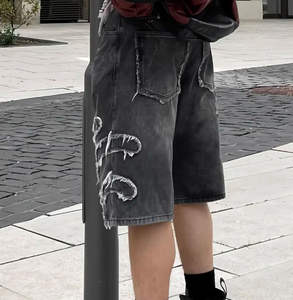 Custom <b>Men</b> Acid Wash Sun Faded Shorts Manufacturer High Quality Vintage Cotton Rhinestones Logo <b>Jeans</b> Shorts - Product Image 6